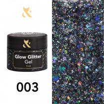 Глиттер для дизайна F.O.X Glow Glitter Gel 003 шестиугольники с блестками бирюзового цвета, 5 мл