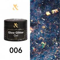 Глиттер для дизайна F.O.X Glow Glitter Gel 006 графитовая слюда с серебристыми блестками, 5 мл