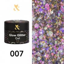 Глиттер для дизайна F.O.X Glow Glitter Gel 007 конфетти, слюда, квадраты разного диаметра с оттенками радуги, 5 мл