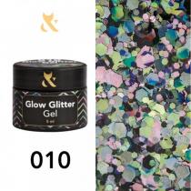 Глиттер для дизайна F.O.X Glow Glitter Gel 010 зеленые и розовые шестиугольники разного размера, 5 мл